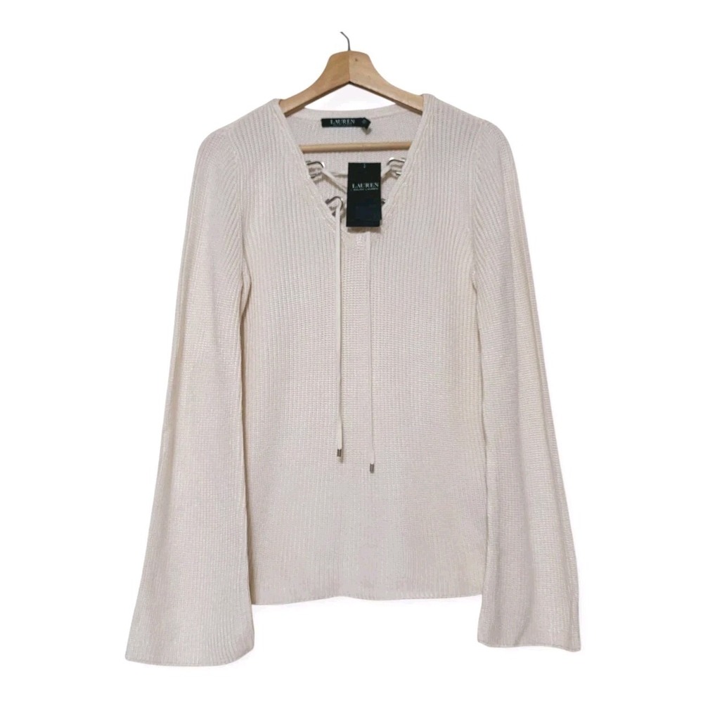 Lauren Ralph Lauren L NWT Ribbed ‎ Knit V-Neck Sweater Silver Hardware Cream - Picture 12 of 12